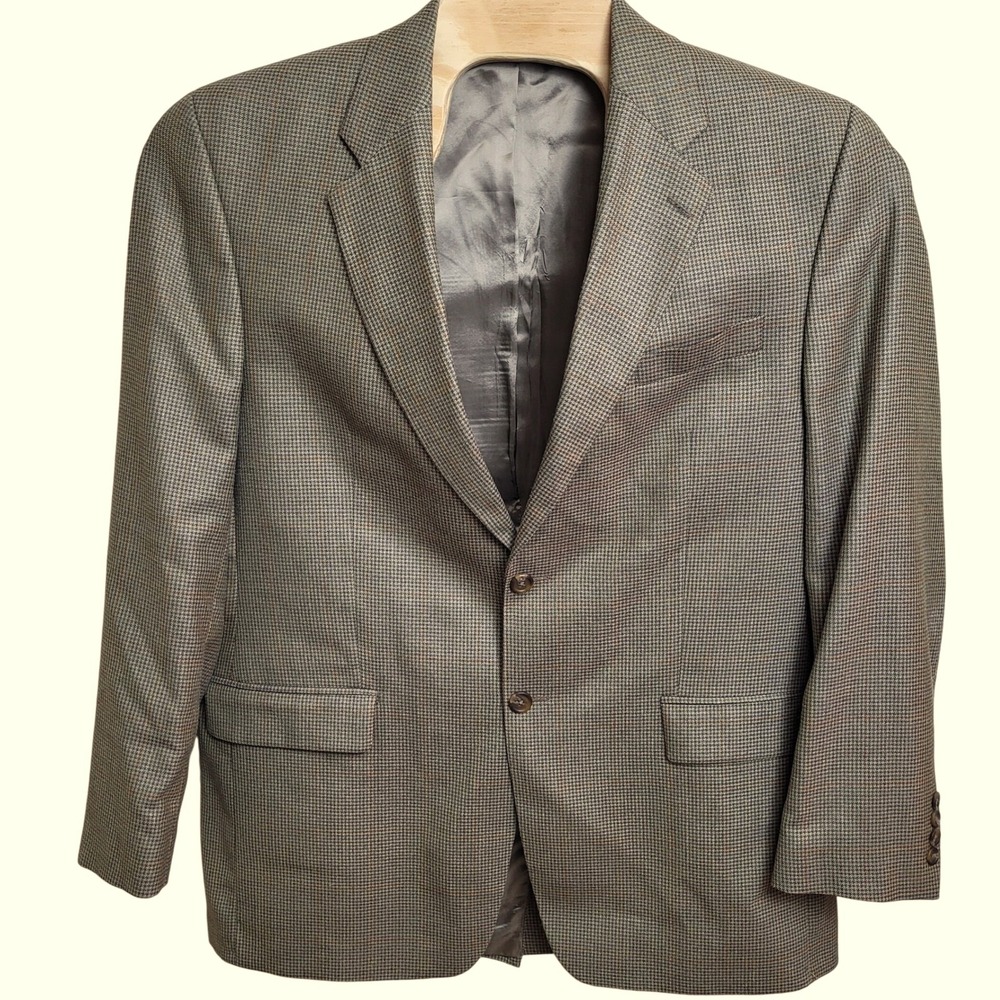 Chaps Ralph Lauren 44L Houndstooth Tan Blue Sport‎ Coat Two Button Blazer